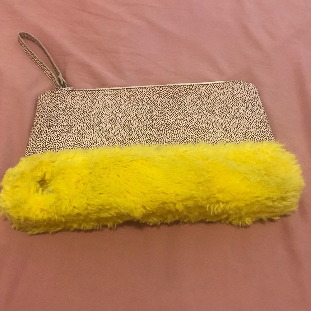 Shrimps pink and yellow fluffy leather clutch